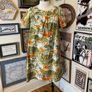 70s Vintage Sears Green & Orange Floral Cotton Midi MuuMuu Dress Size M